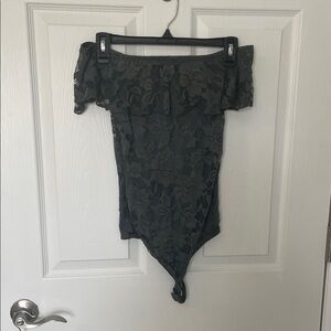 Express Gray Lace Off-Shoulder Bodysuit